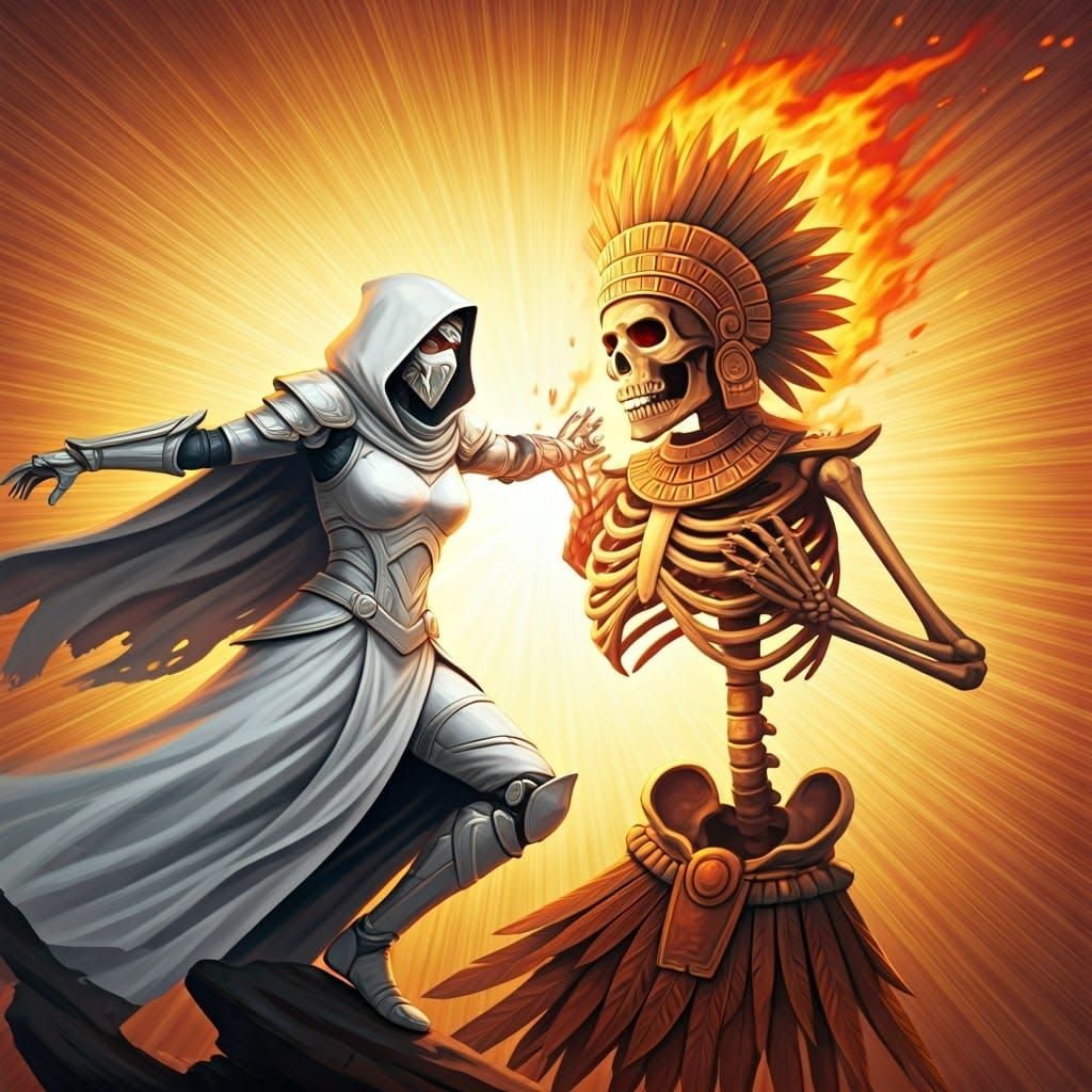 Armored Woman vs Flaming Aztec God in Comic Style