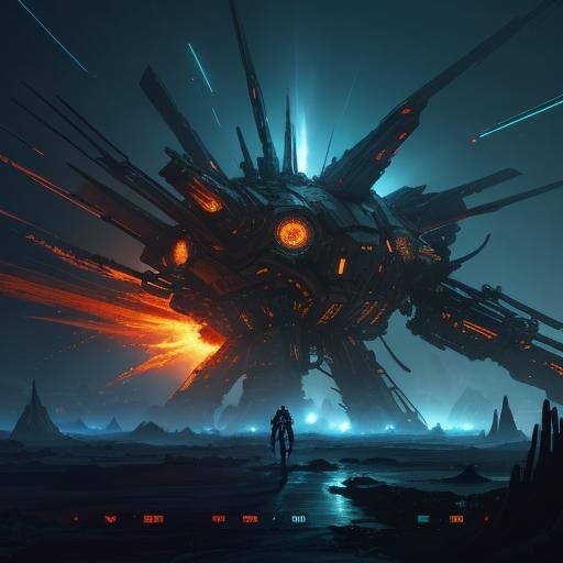 Alien and Robot Amidst Burning Spaceship Wreckage