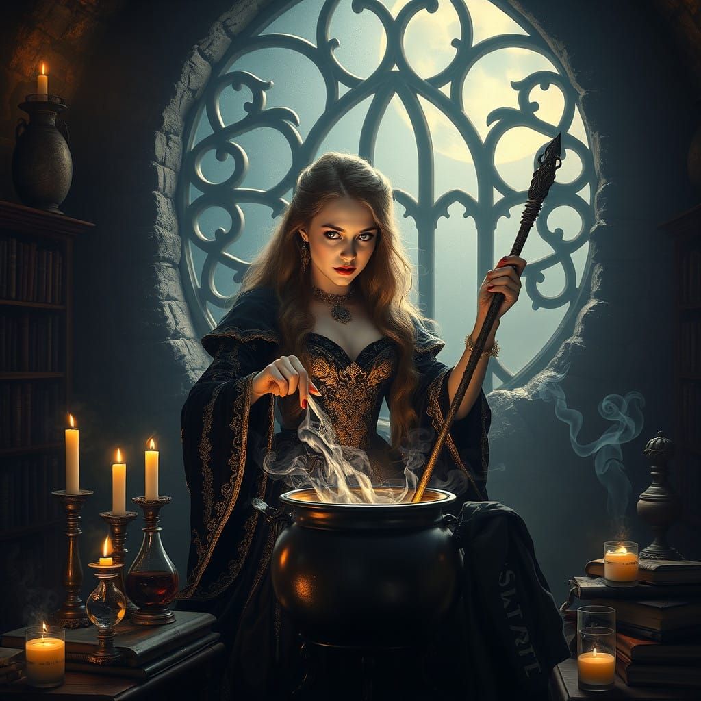 Mystical Woman in Shadowy Chamber with Rich Gown and Wand