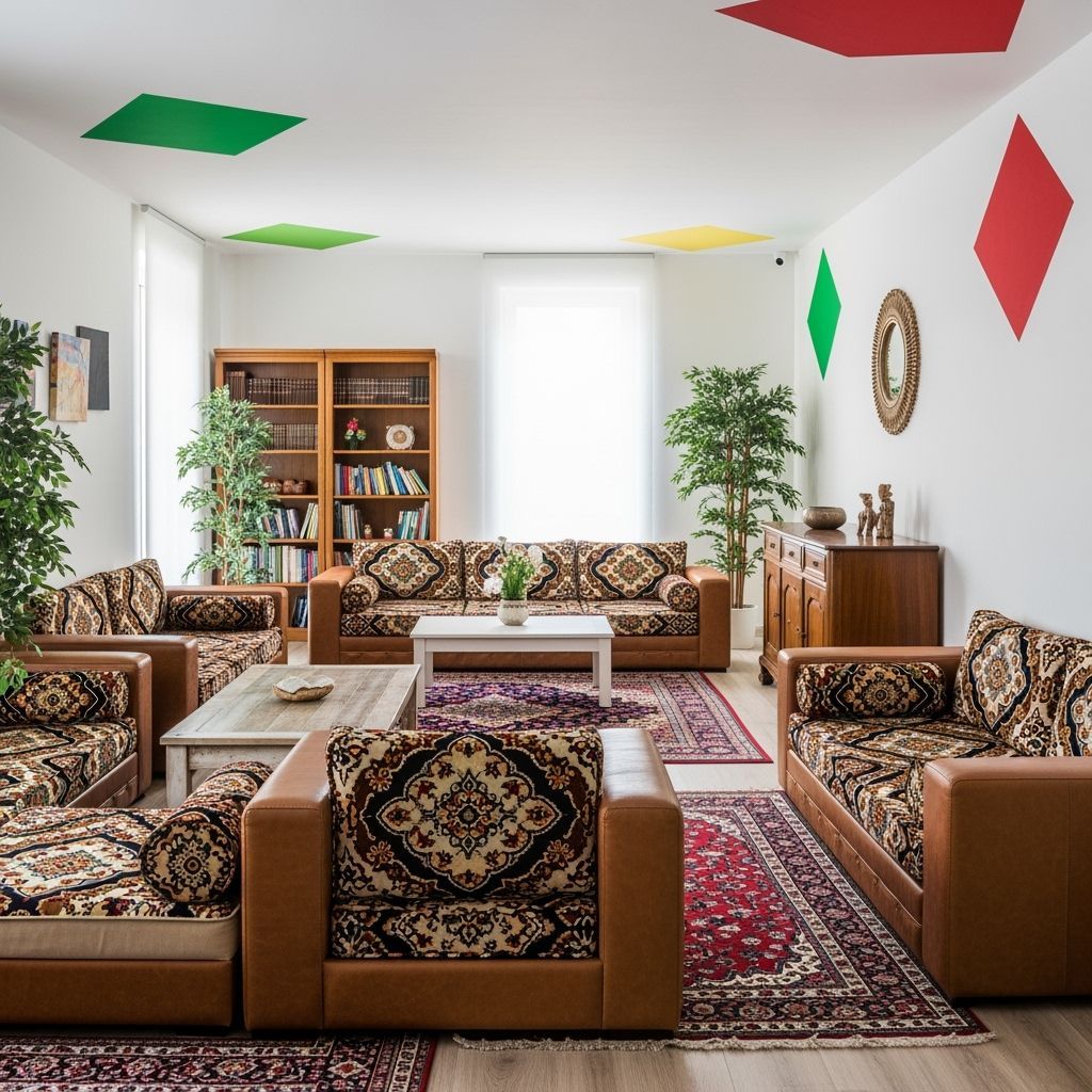 Cozy Chill Room with Arabic Accents and Leather Sofas