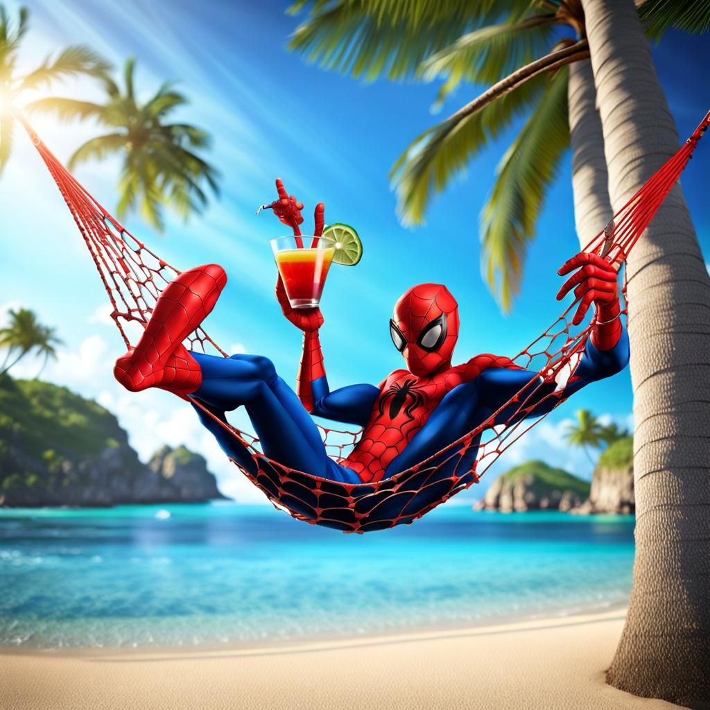 Spiderman Relaxing on Tropical Beach in 3D