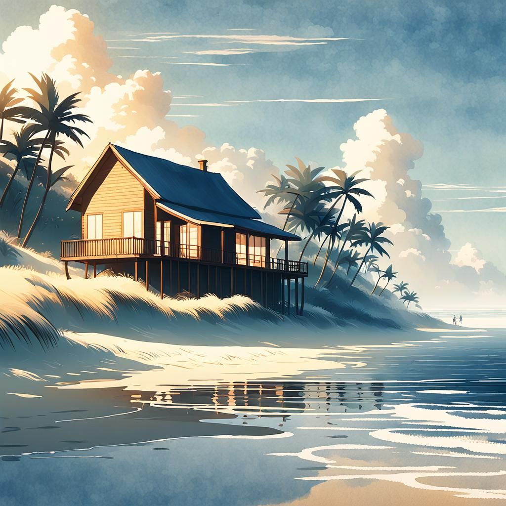 Warm Morning Light on a Serene Beachside Wooden Cottage