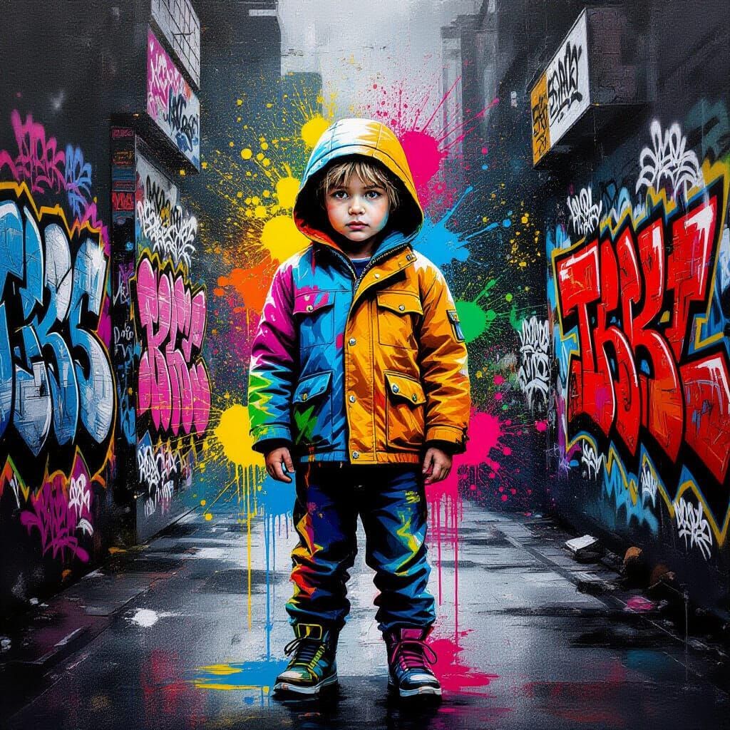 Ukrainian Child Refugee in Vibrant Graffiti Art Style