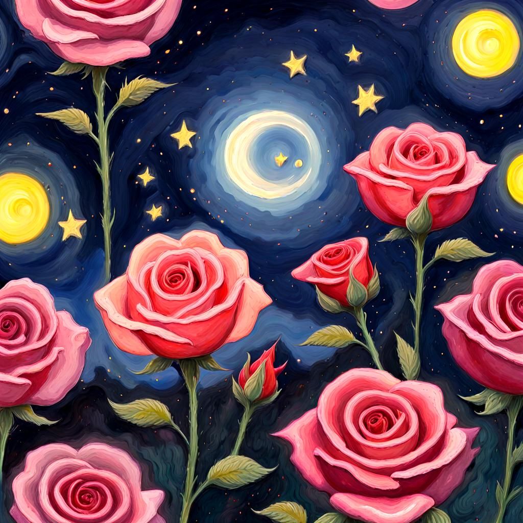 Rose Fields Under Smiley Moon in Gouache Style