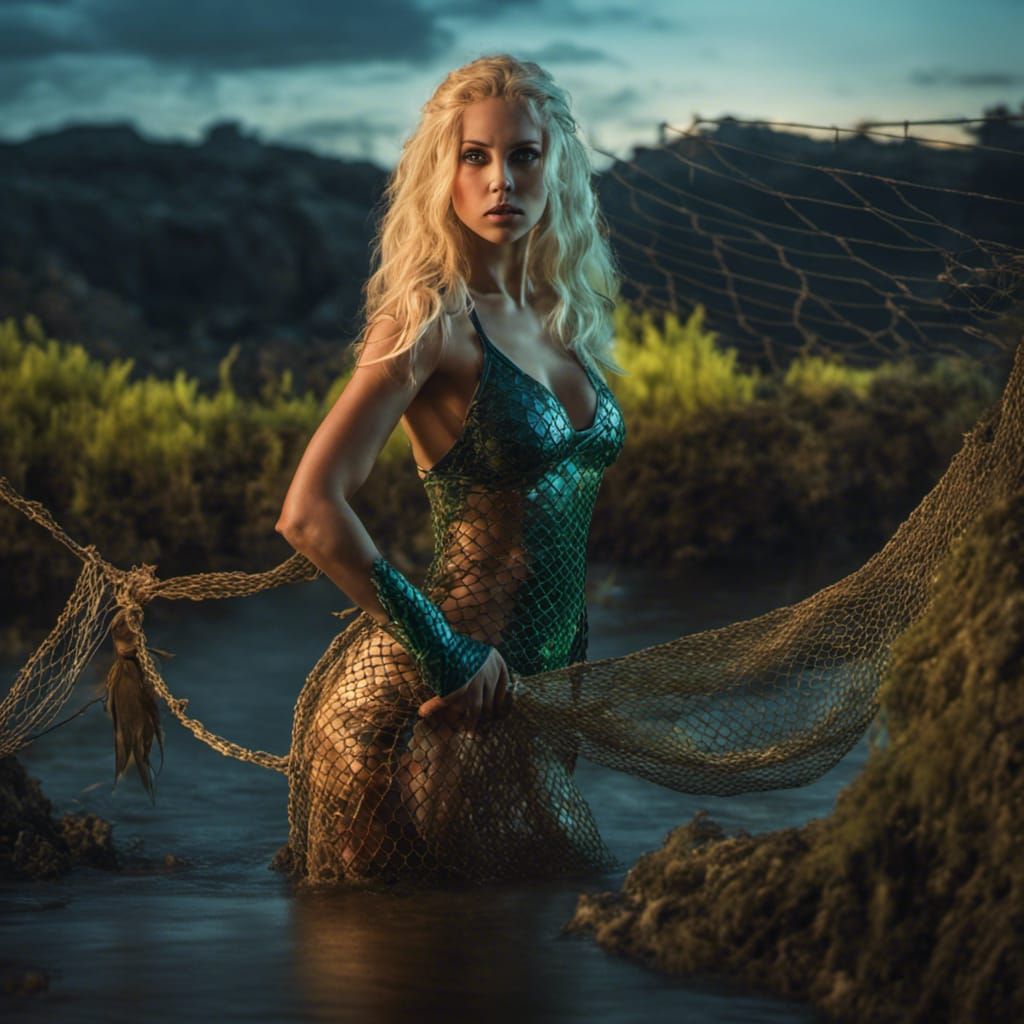 Mystical Mermaid Trapped in Bioluminescent Net