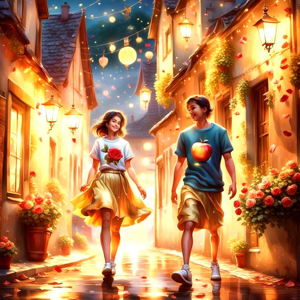Lovers Smiling in Village with Gold Sparks