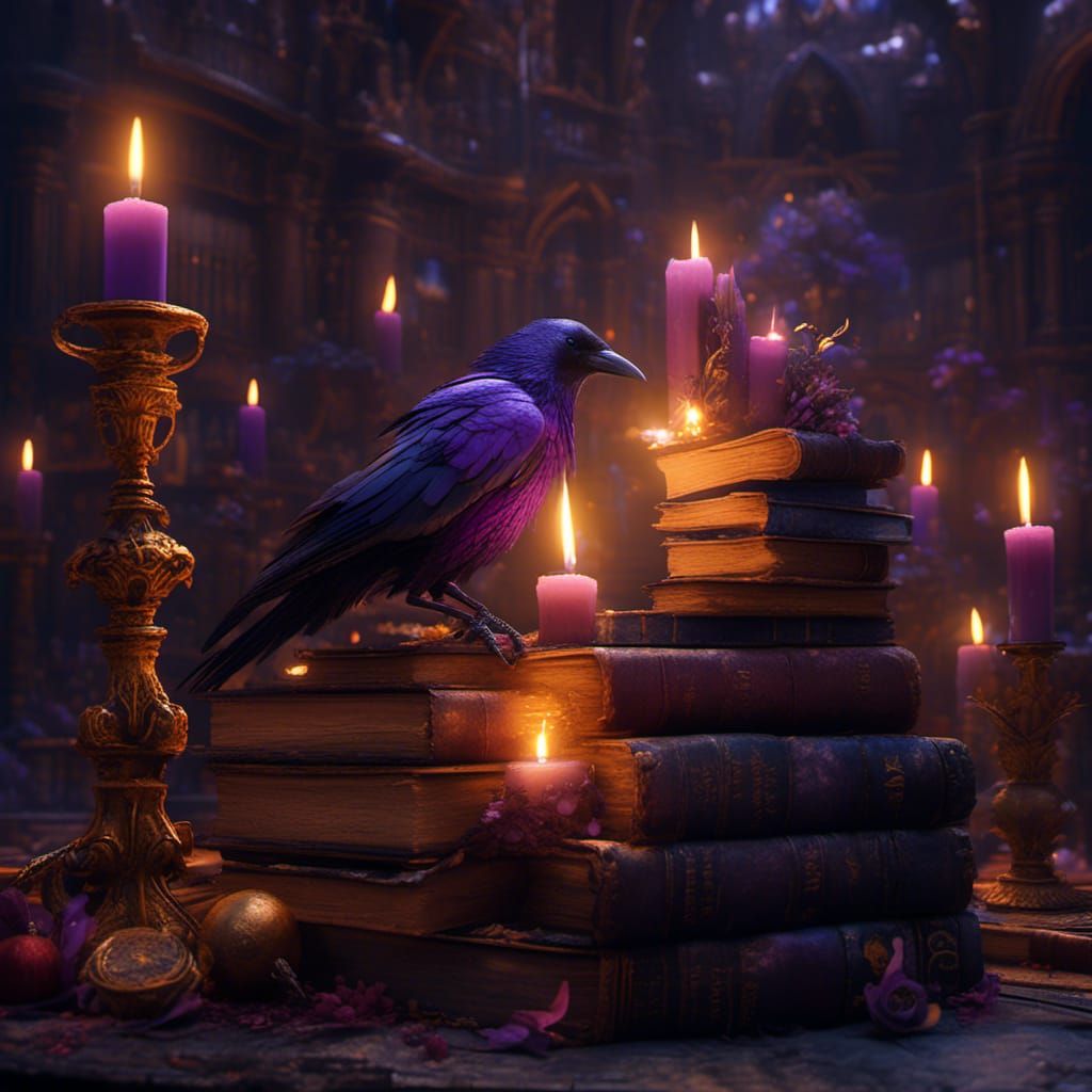 Hyperrealistic Raven on Books, Dark Fantasy Art