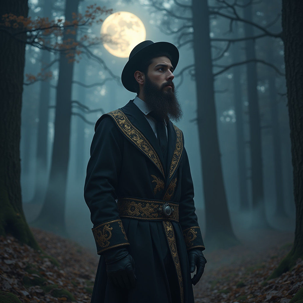 Mystical Forest Encounter: Hasidic Man in Ethereal Mist
