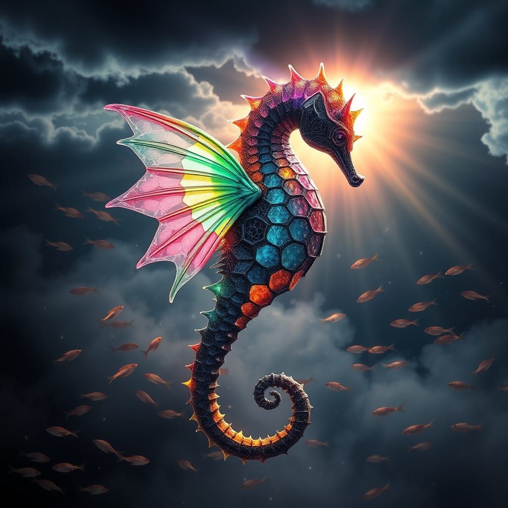 Mystical Black Seahorse Unfurls Rainbow Wings in a Kaleidosc...