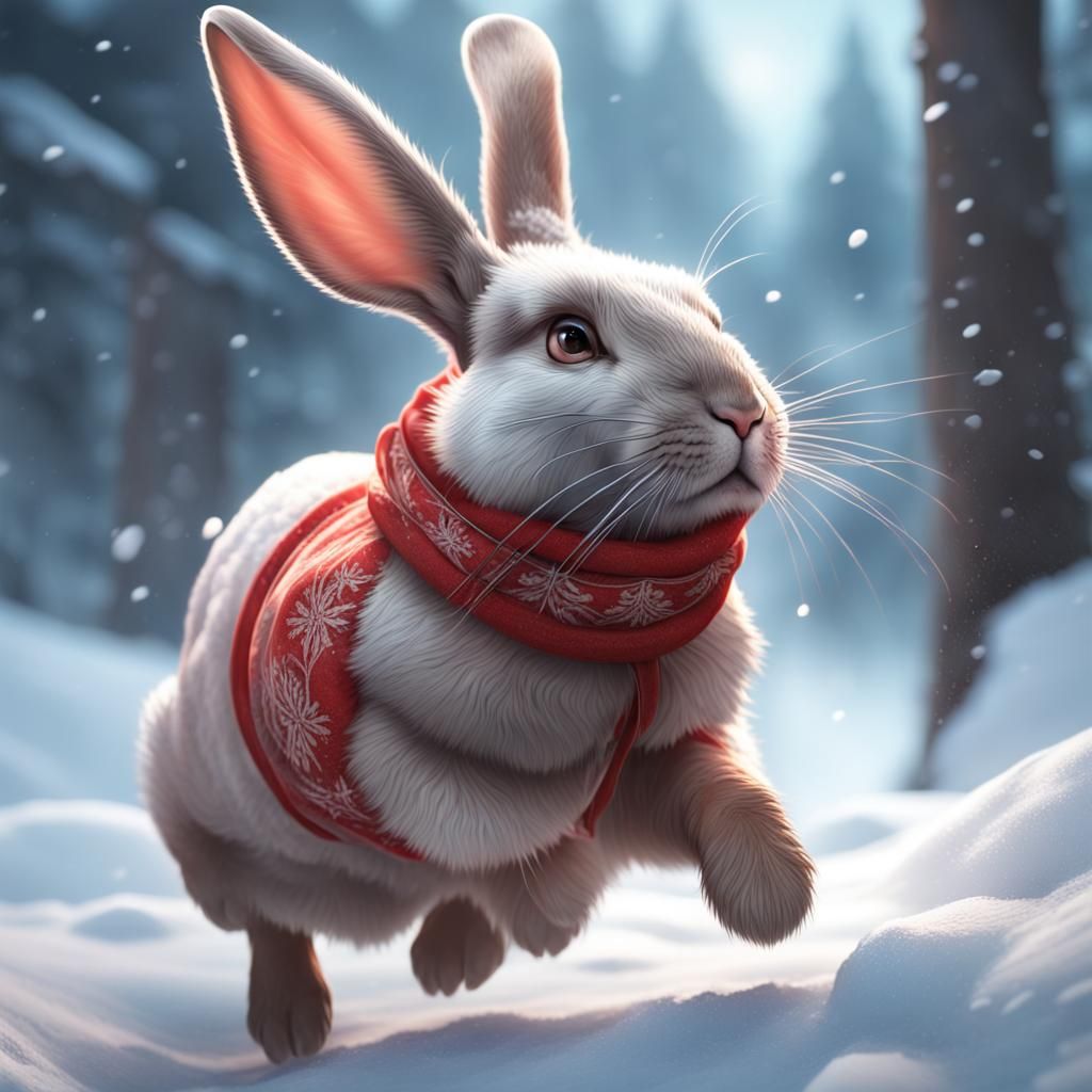 Christmas Bunny in Snow: Hyperdetailed Digital Art