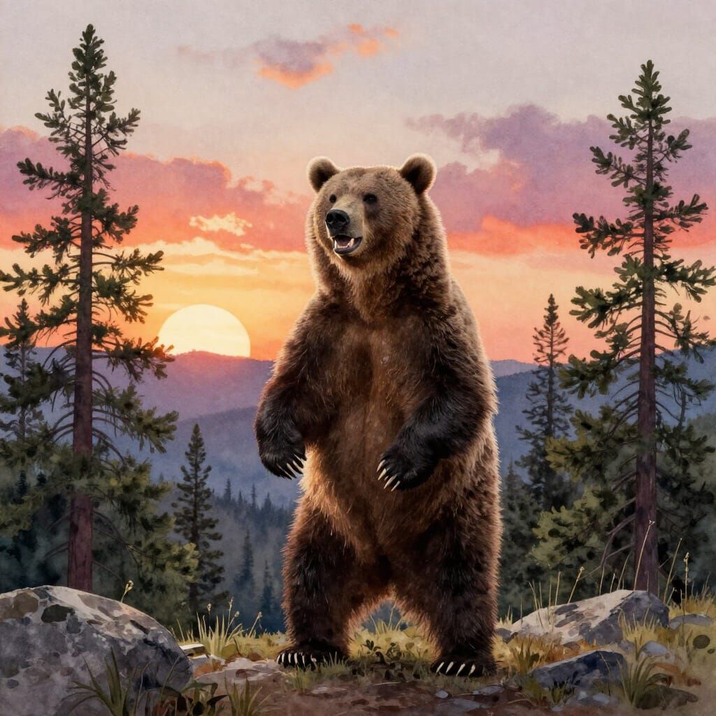 Grizzly Bear Attacks in Rocky Mountains at Sunset