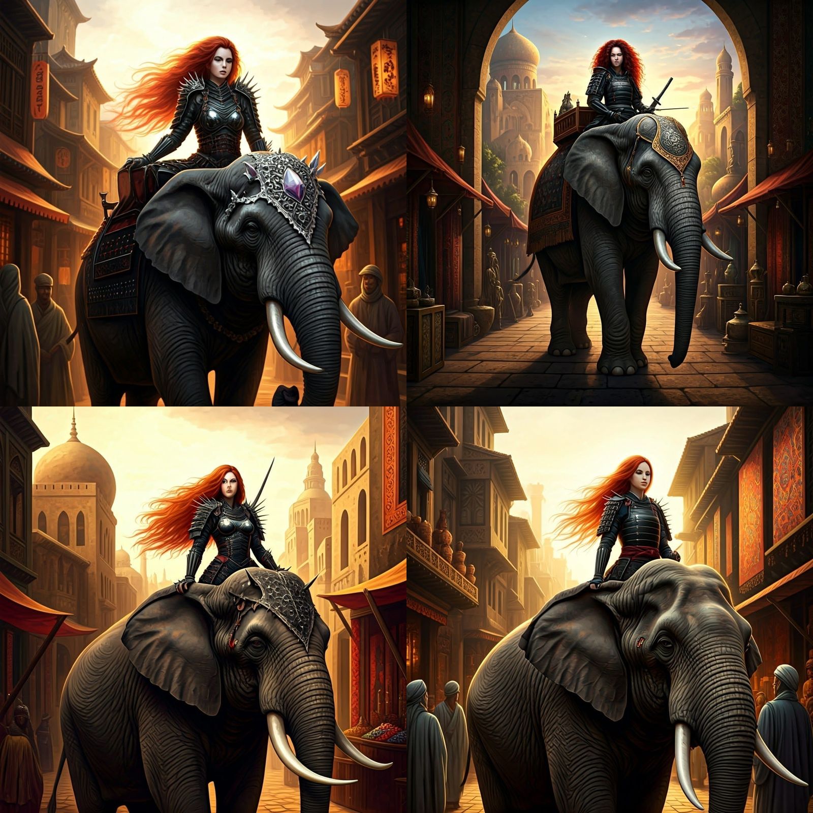 Gothic Samurai Woman Rides Elephant Through Bazaar