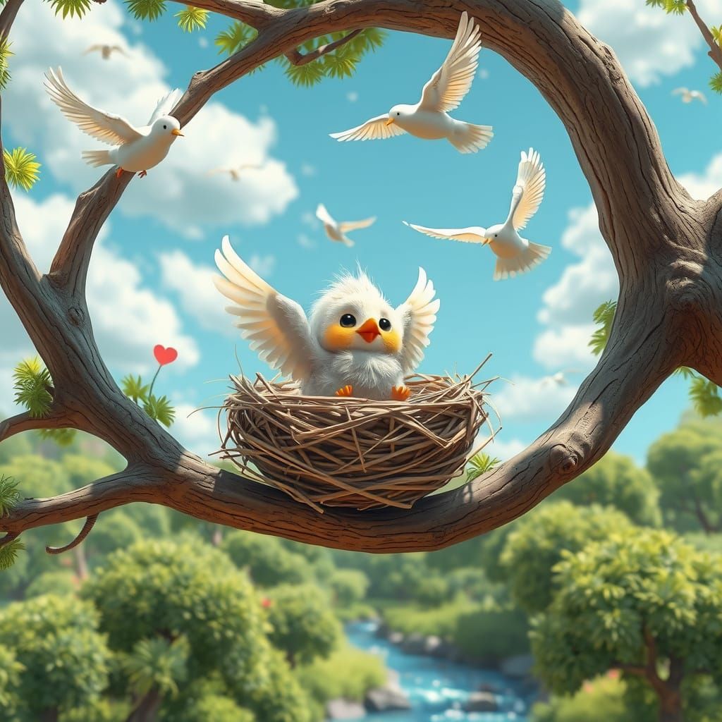 Baby Bird's First Flight: A 3D Rendered Fantasy