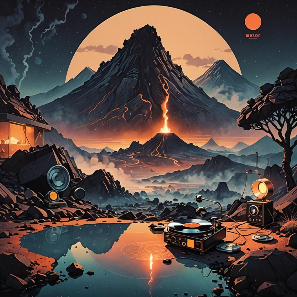 Nocturnal Volcanic Scene with Turntable, in Lo-Fi Style