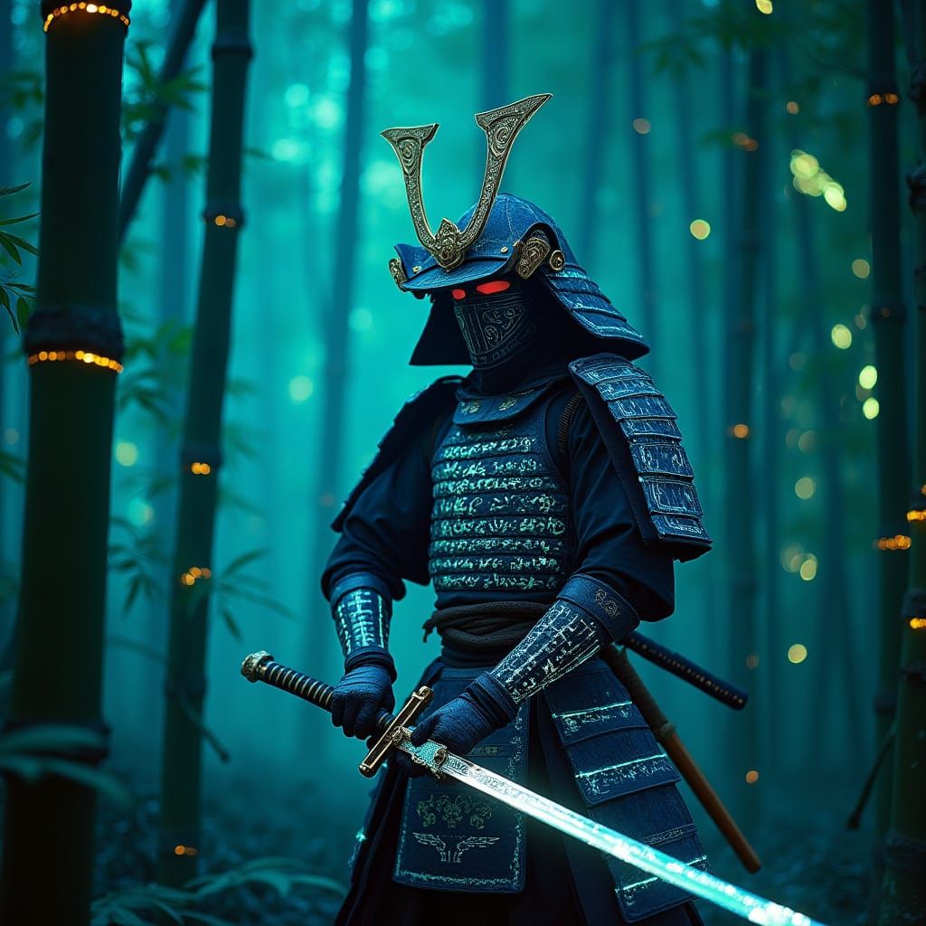 Glowing Samurai Warrior in Neon Bamboo Forest