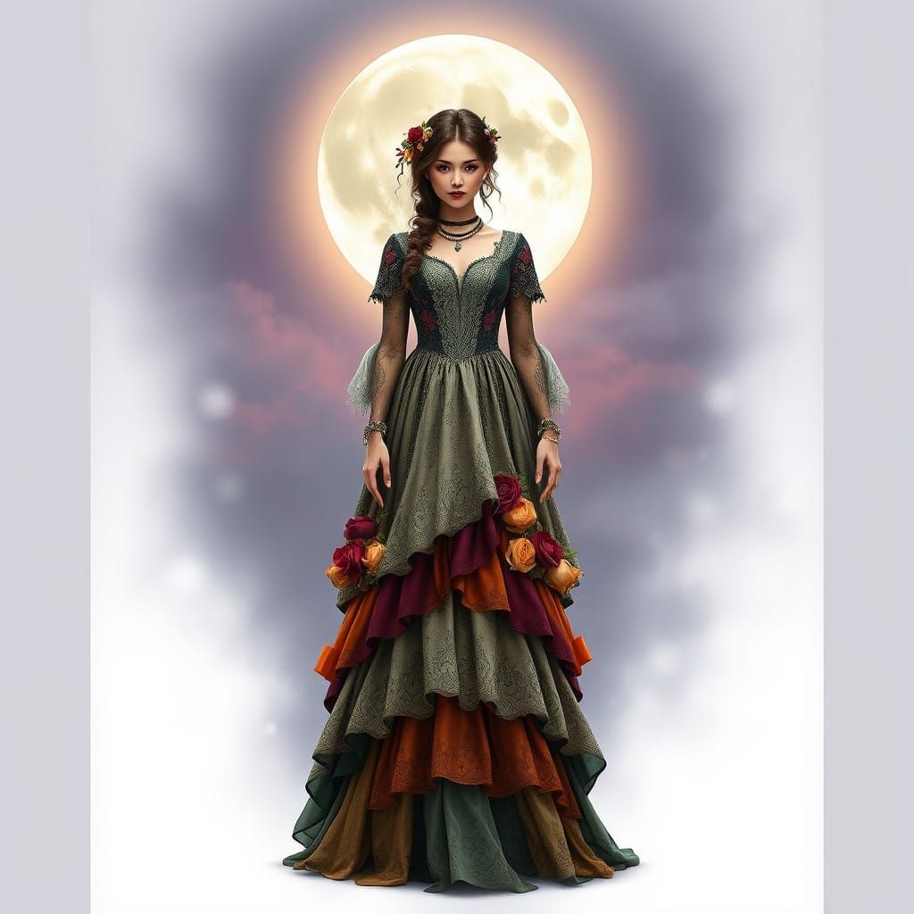 Gothic Boho Woman in Lavish, Vibrant Dress Under Full Moon