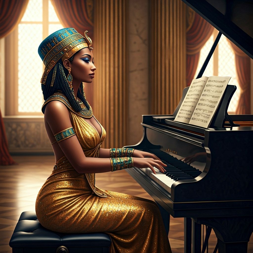 Egyptian Queen Plays Piano in Hyperrealistic Style