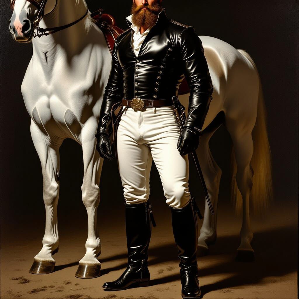 Bearded Man and White Stallion in Baroque Style