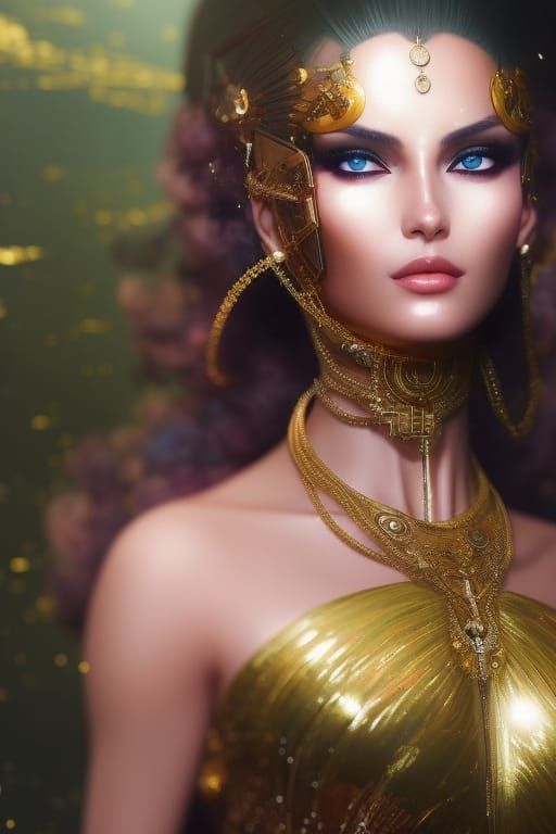 Futuristic Gold Anime Woman: Detailed Digital Art
