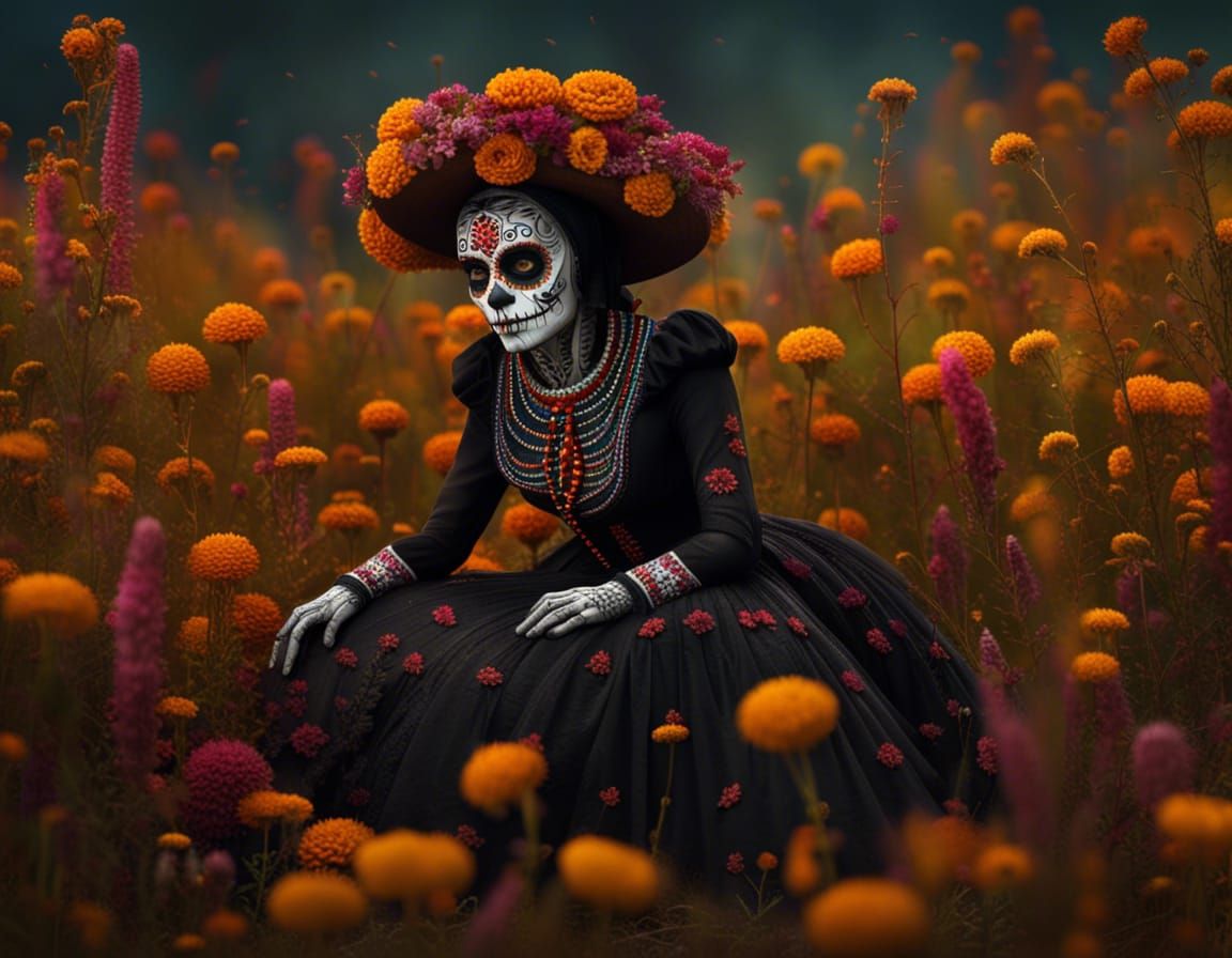 Giant Catrina Crouching in Cempasúchil Field