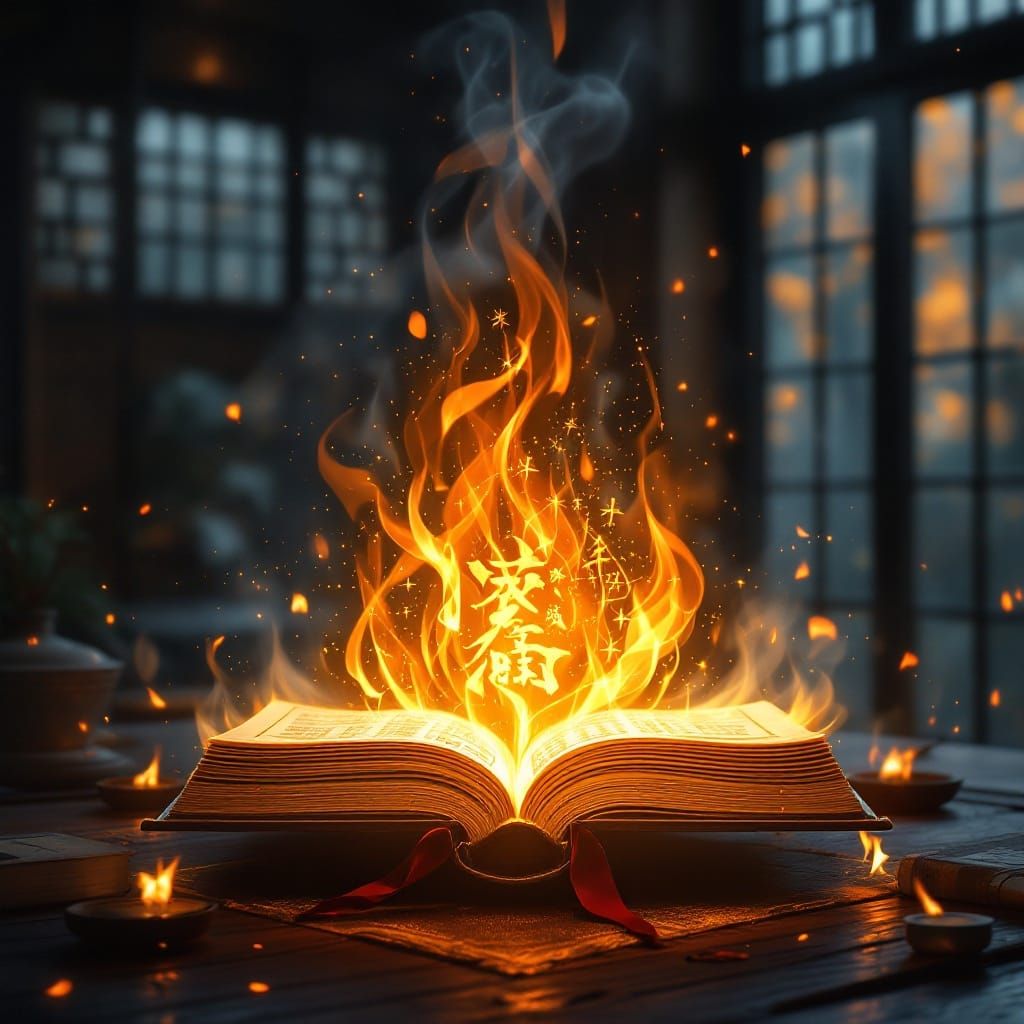 Mystical Flaming Book in Japanese Study, Anime Style