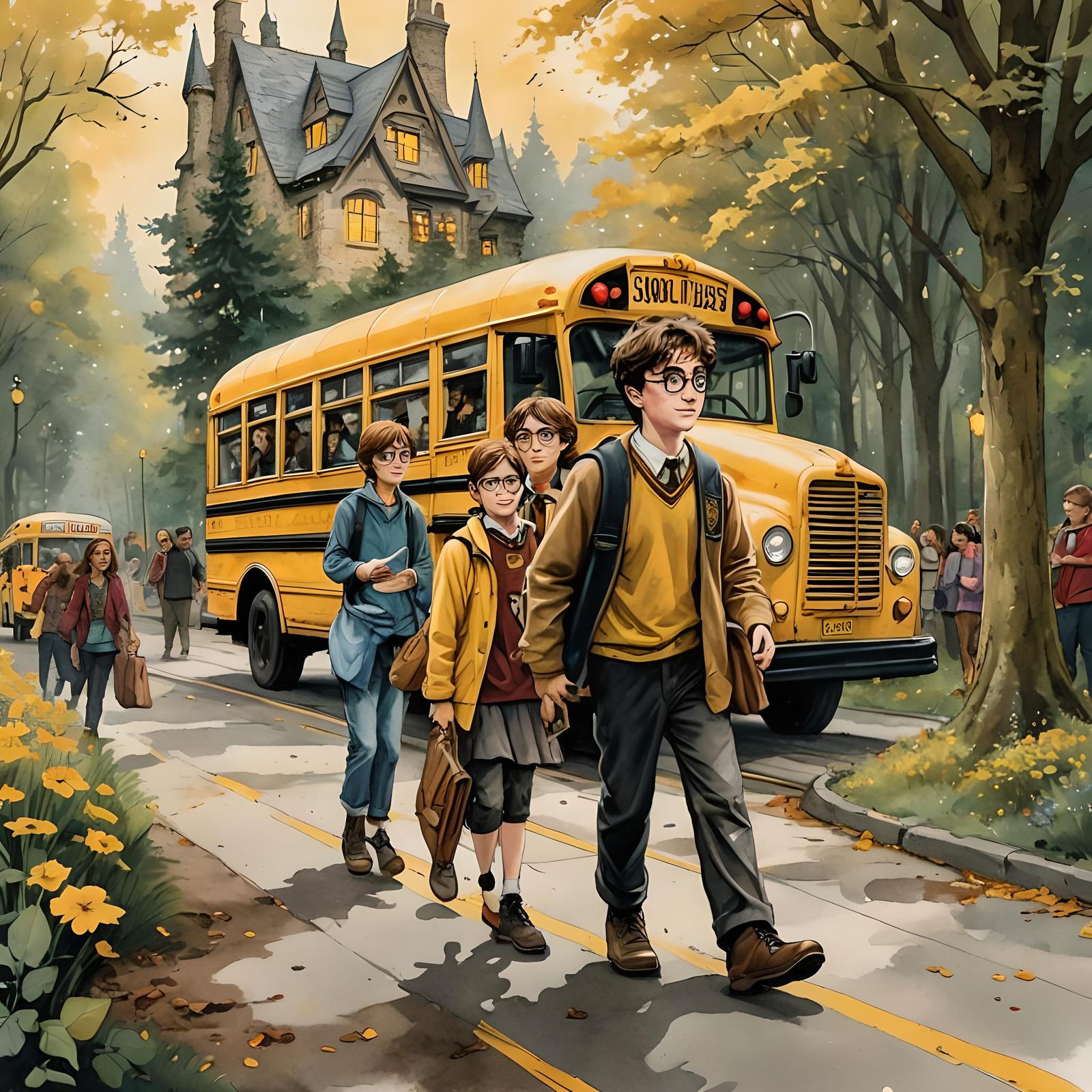 Harry Potter on School Bus: Ink and Watercolor Illustration