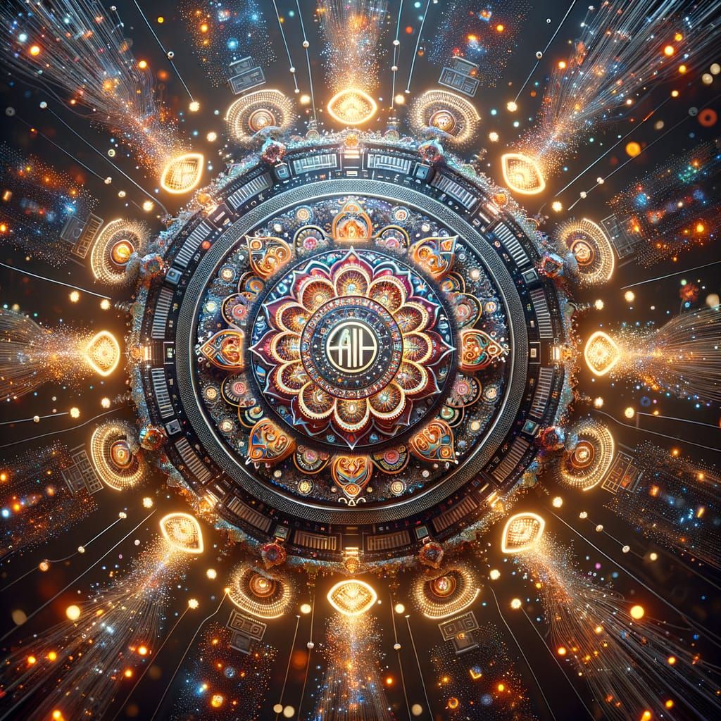 Intricate Digital Rangoli Design with Luminous Diya Symbols