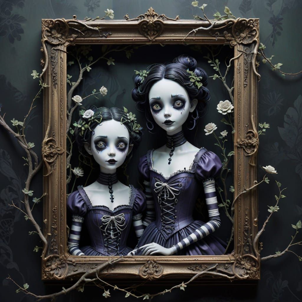 Tim Burton-esque mural  porcelain dolls as mimes

(Vincent p...