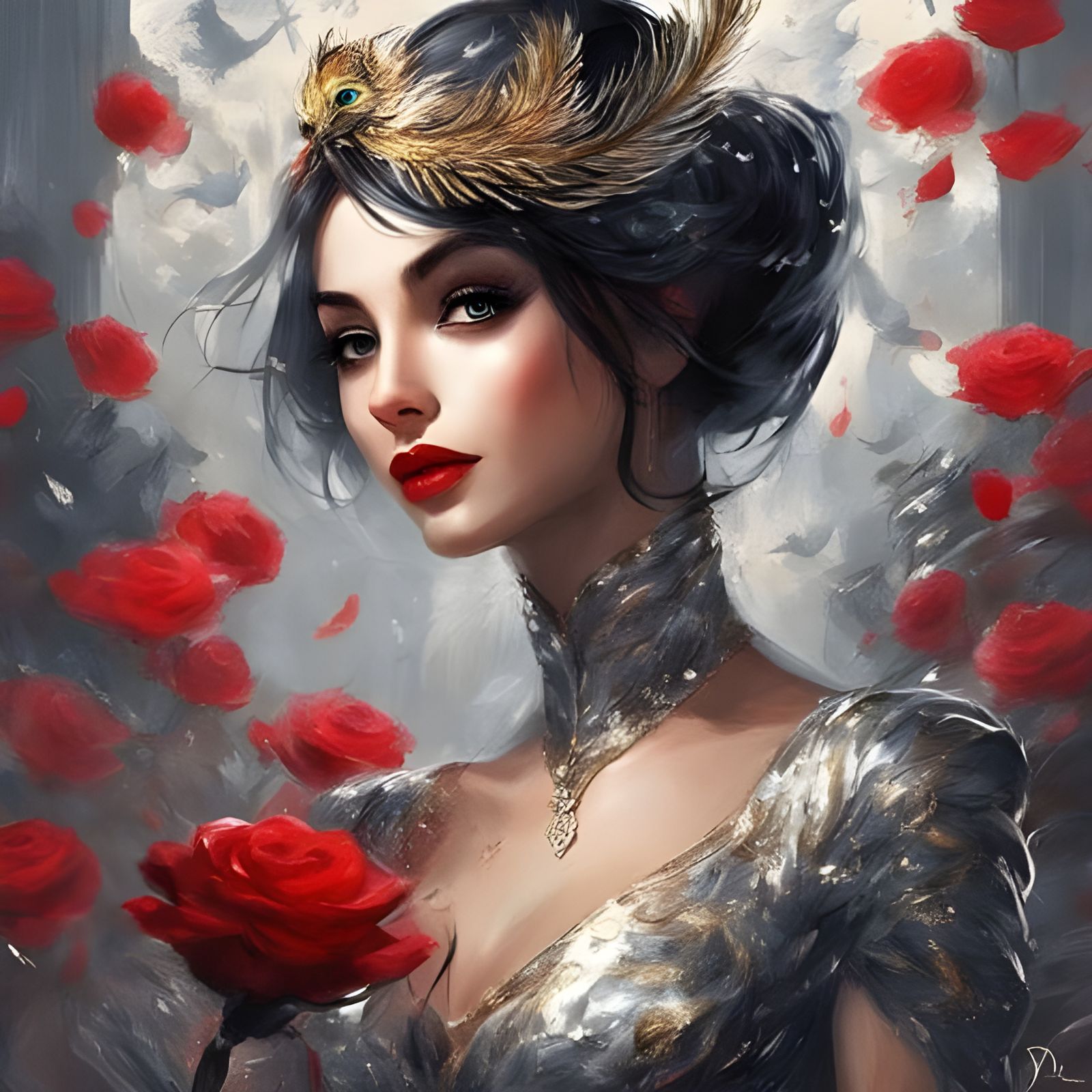 Glamorous Catwoman with Peacock Tail