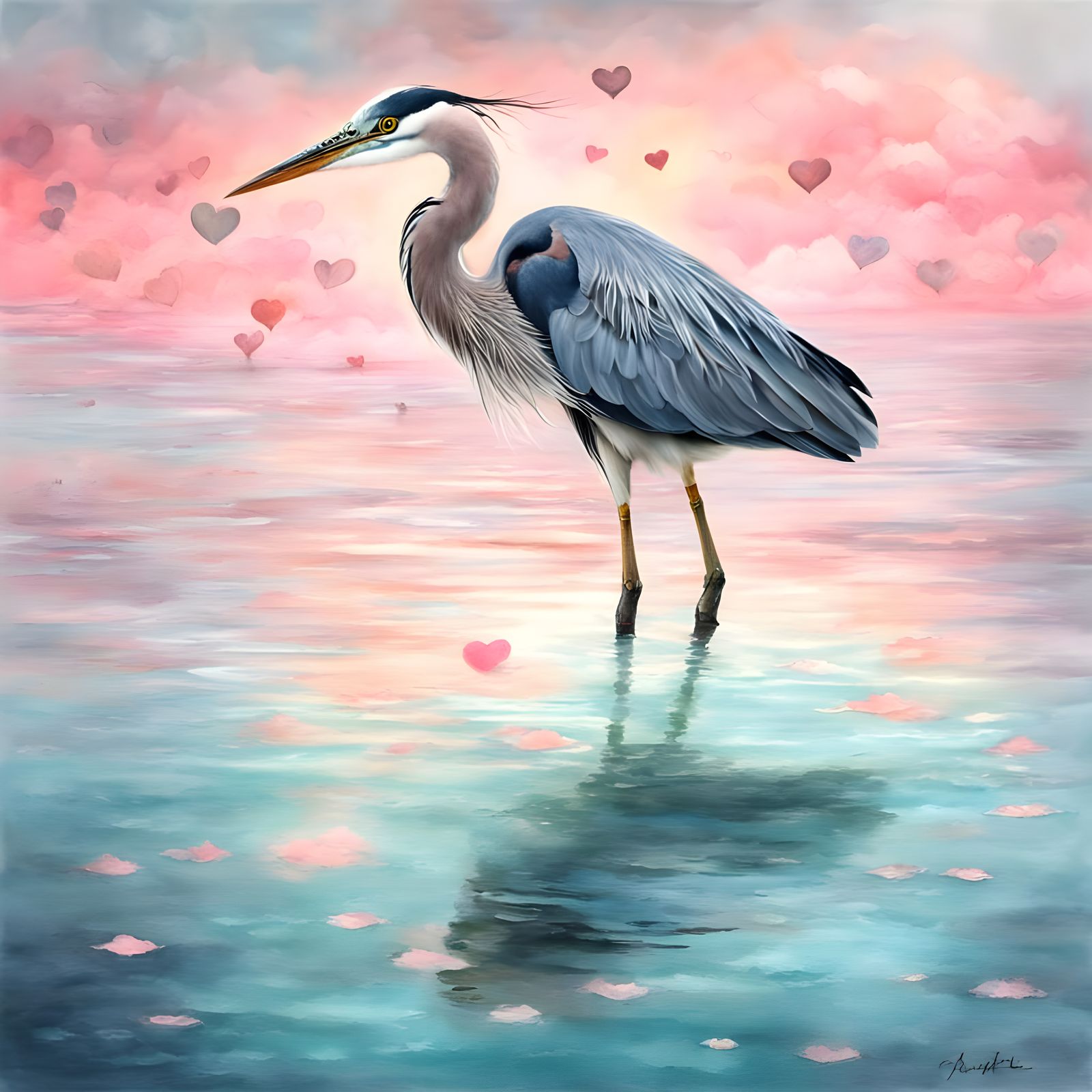Whimsical Pastel Dreamscape with a Heron