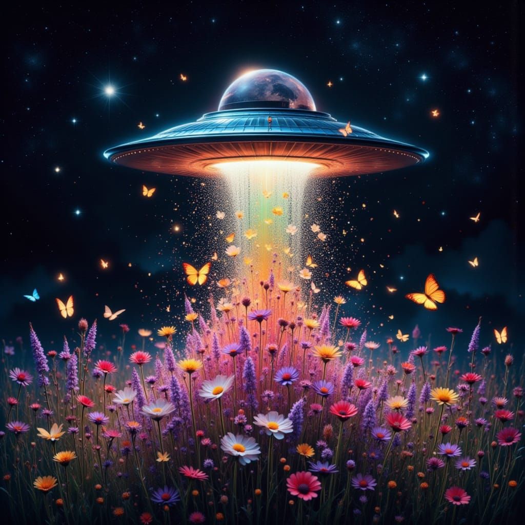 Ethereal UFO Showers Rainbow Flowers on Dark Landscape