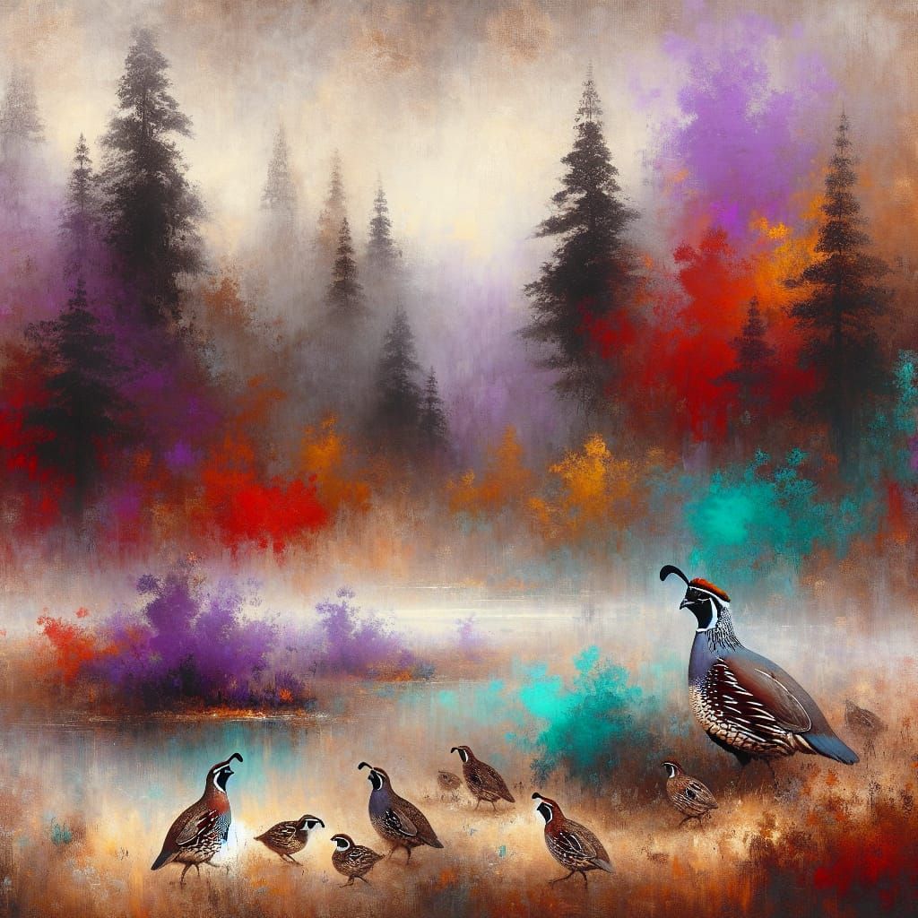 Mystical Quail Family in Enchanted Oil Painting Style
