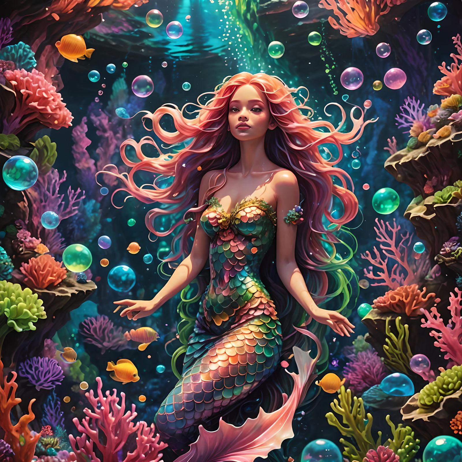 Psychedelic Mermaid in Coral Reef Cavern
