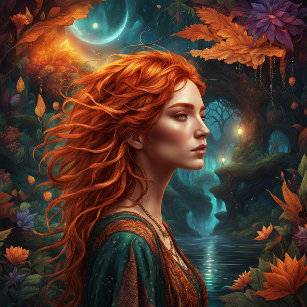 Young Woman With Wild Copper Hair in Enchanted Realm
