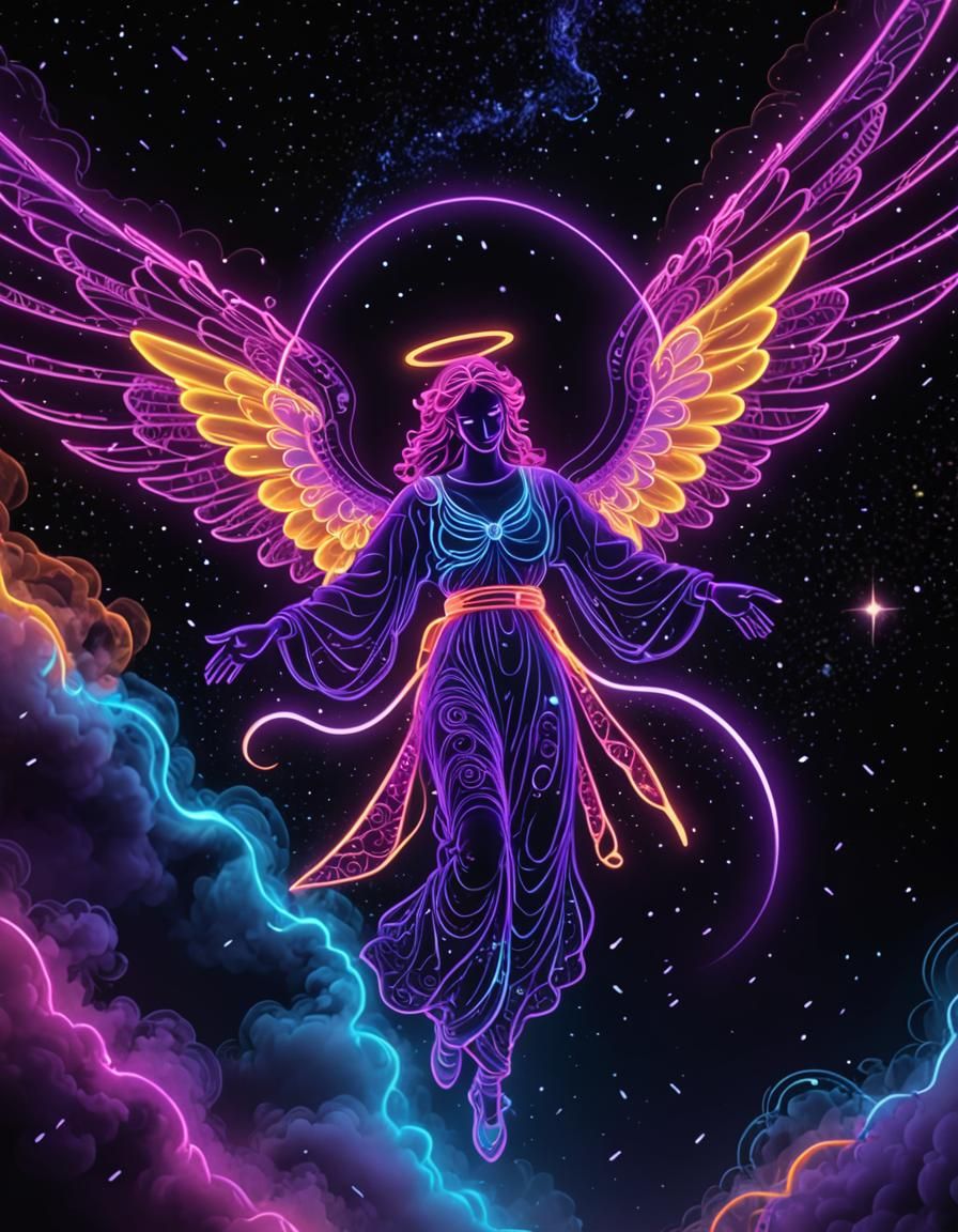 Neon Space Angel with Zentangle Wings in Vaporwave Style