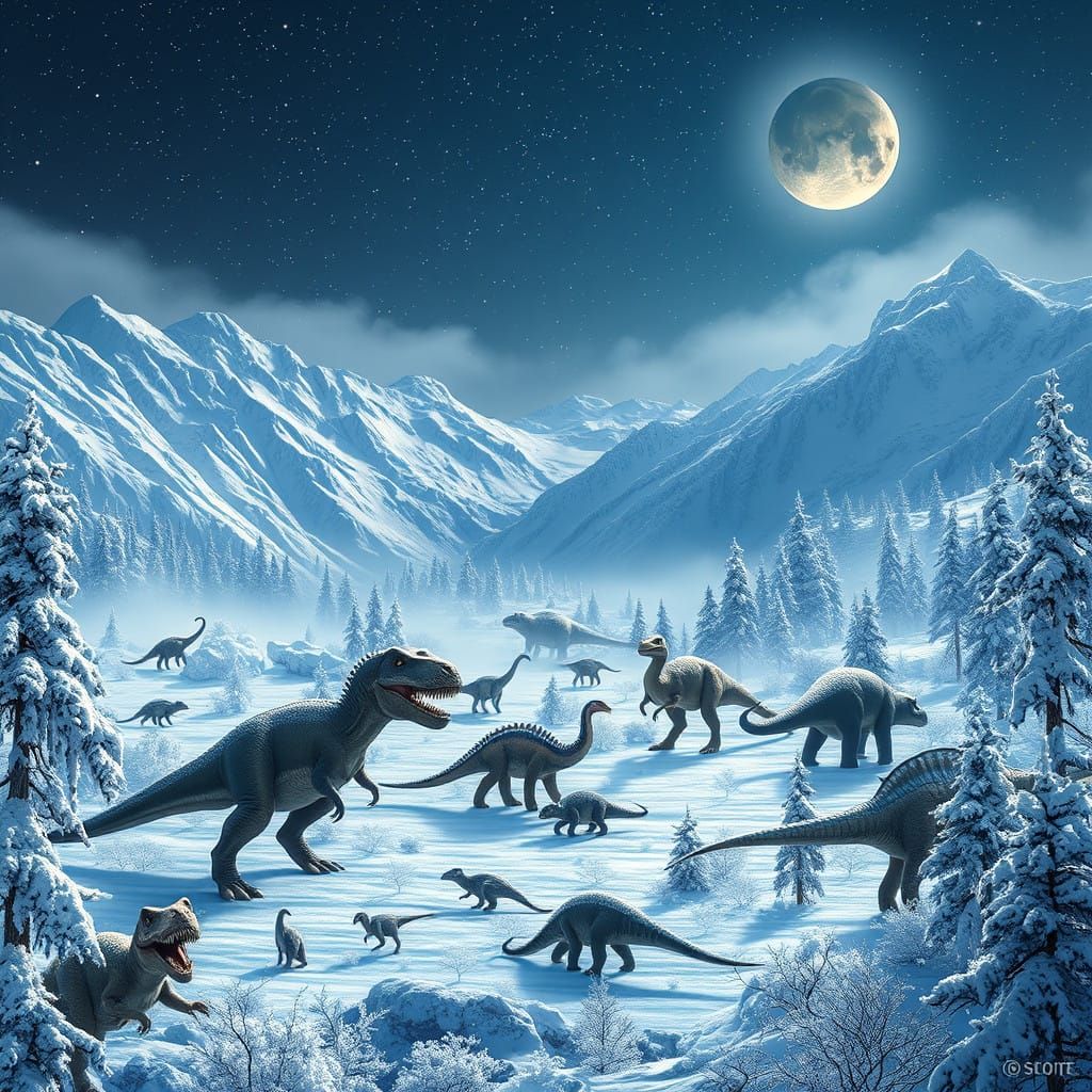 Prehistoric Beasts Under a Starry Winter Sky