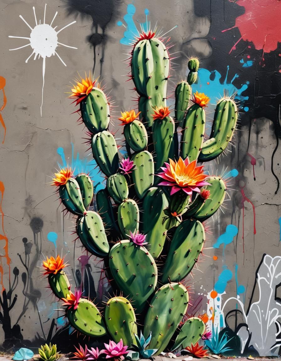 Cactus Hand Street Art with Blooming Flower