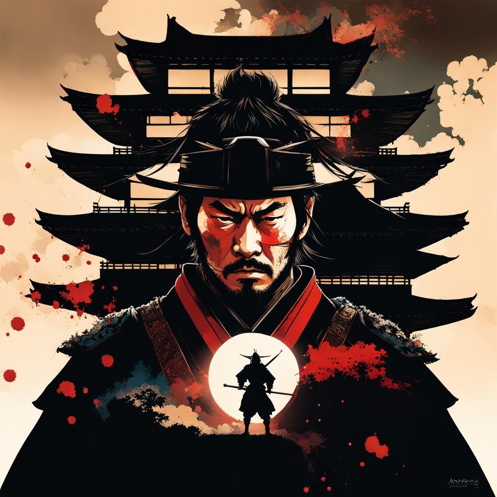 Samurai Ninja Double Exposure Japanese Castle Art