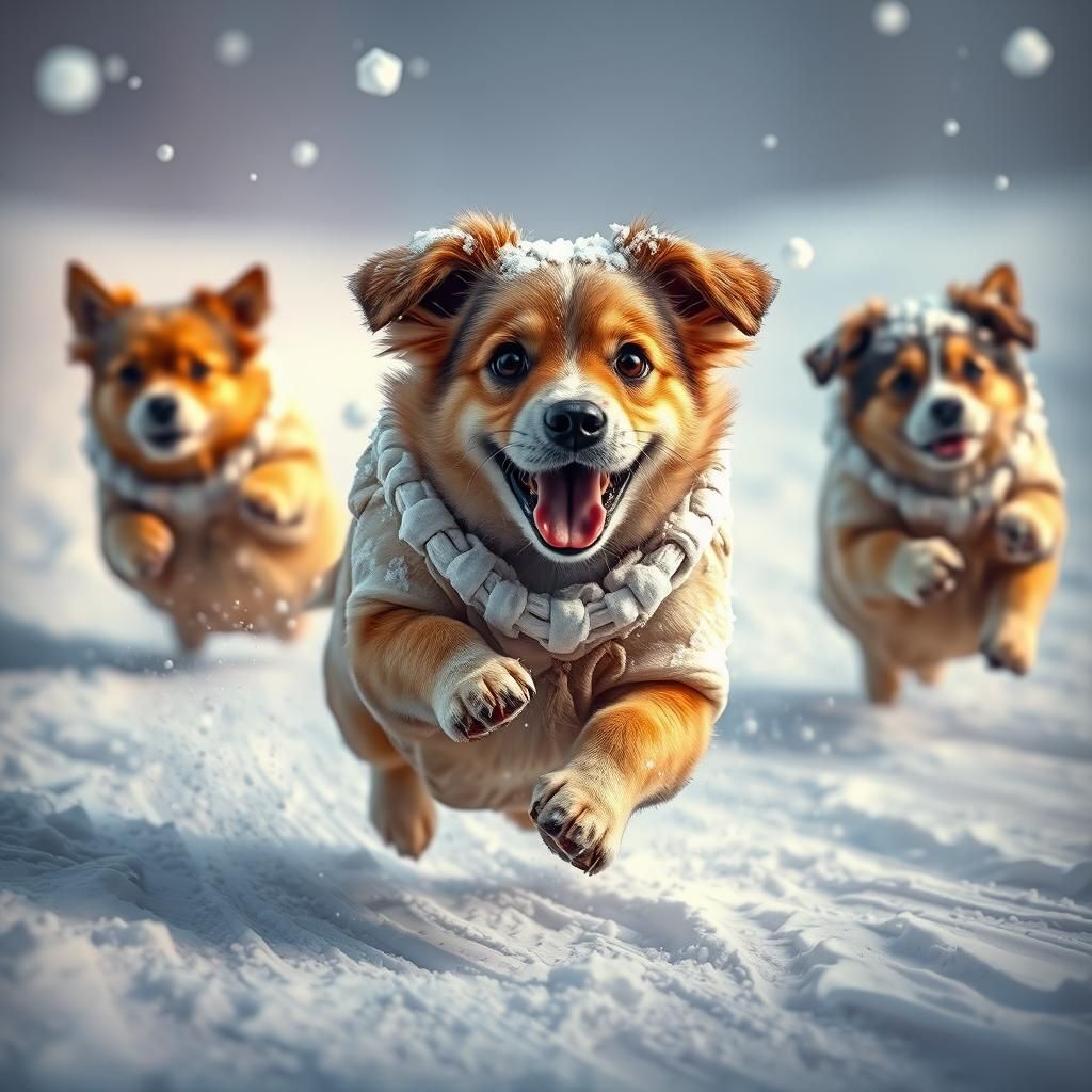 Dogs Race in Sacks: Hyperrealistic Splash Art