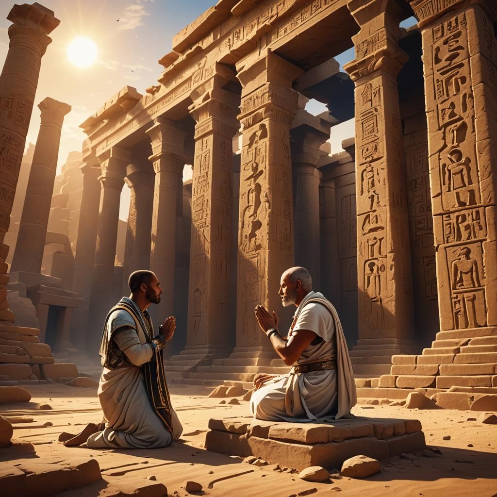 Egyptian Priest Praying in Desert Temple Illustration