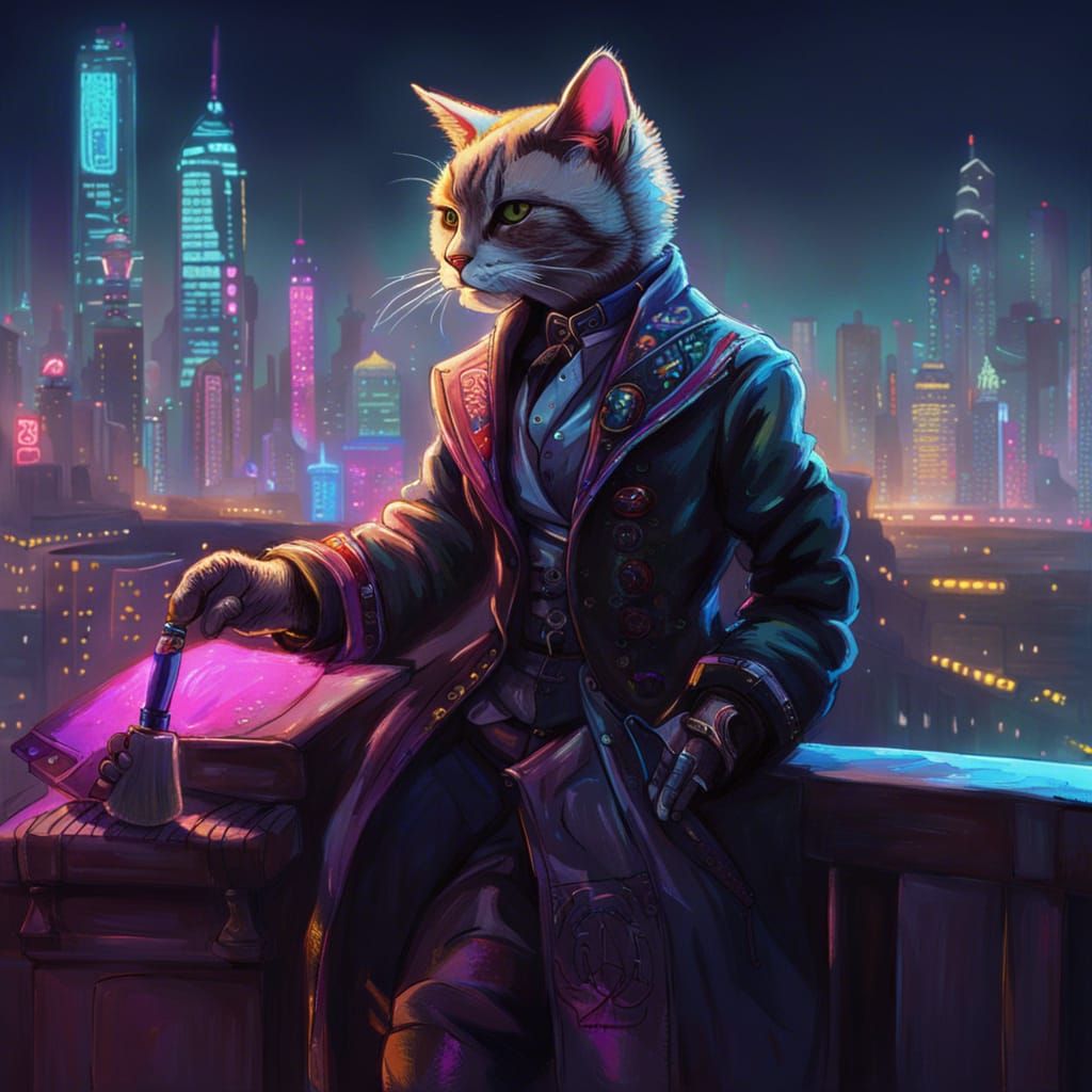 Victorian Cat Painter in Cyberpunk Cityscape