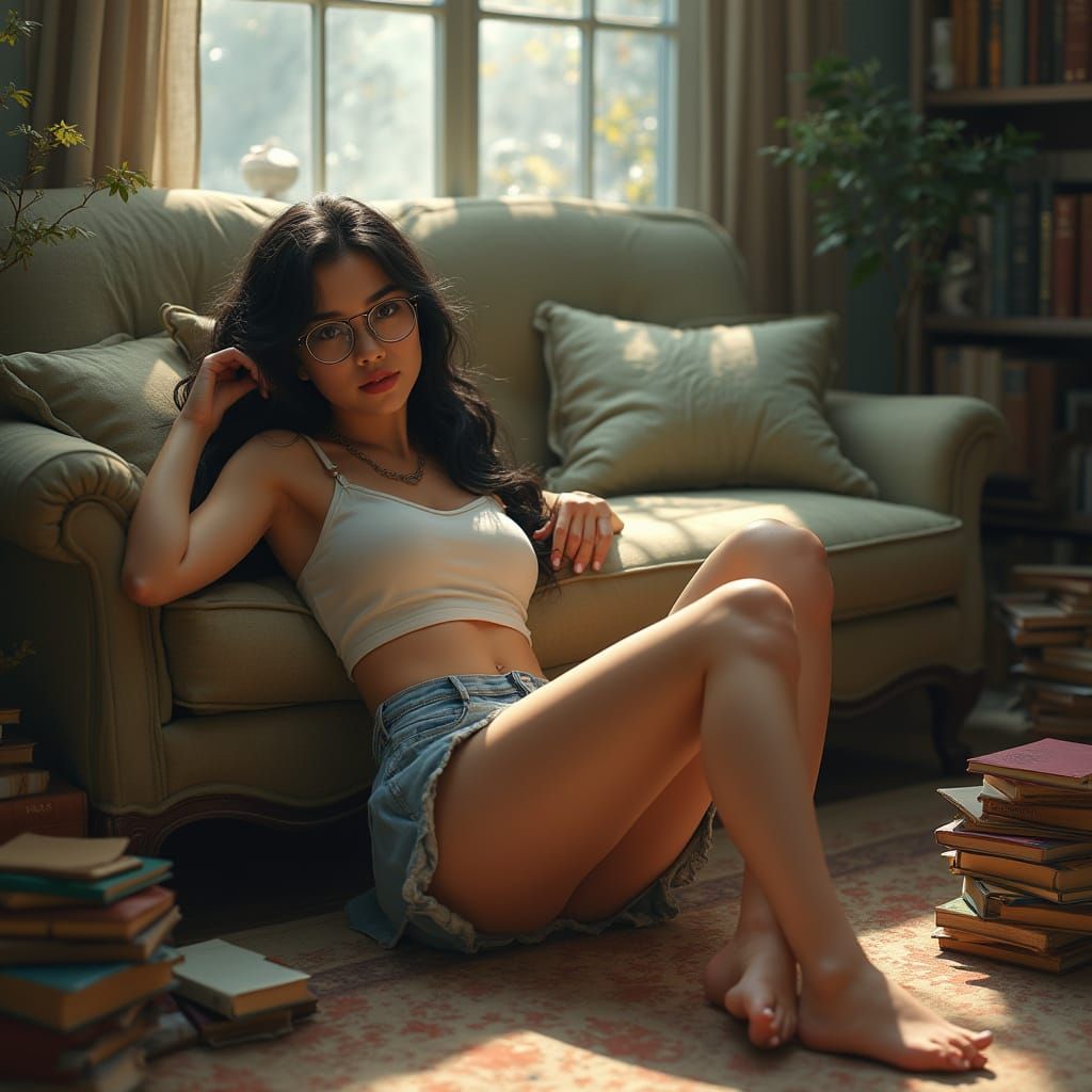 Pinup Girl Reading Surrounded by Books in Fantasy Style