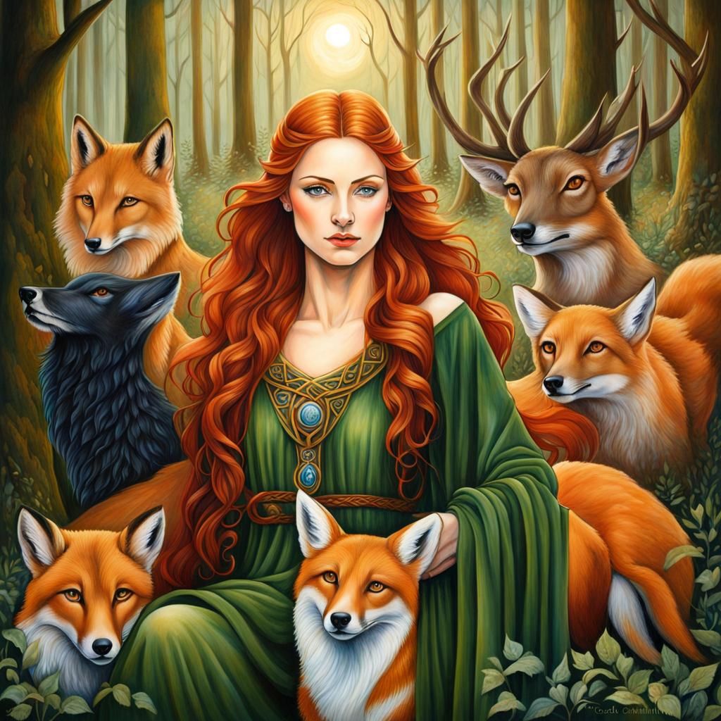 Celtic Goddess Surrounded by Forest Animals
