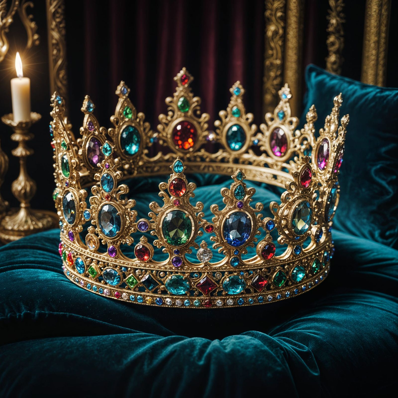 Luxurious Crown on Velvet Pillow in Moody Lighting