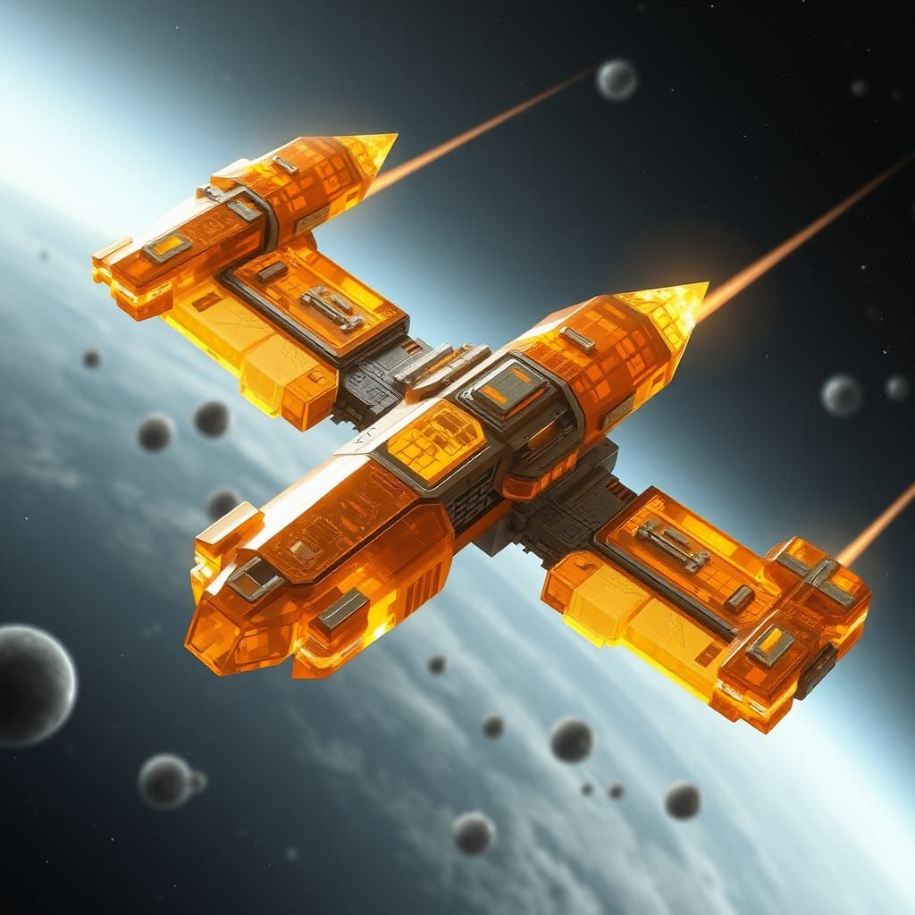 The G'bani, a blocky amber crystalline race. They are a warlike species who fly around in crystalline warships.