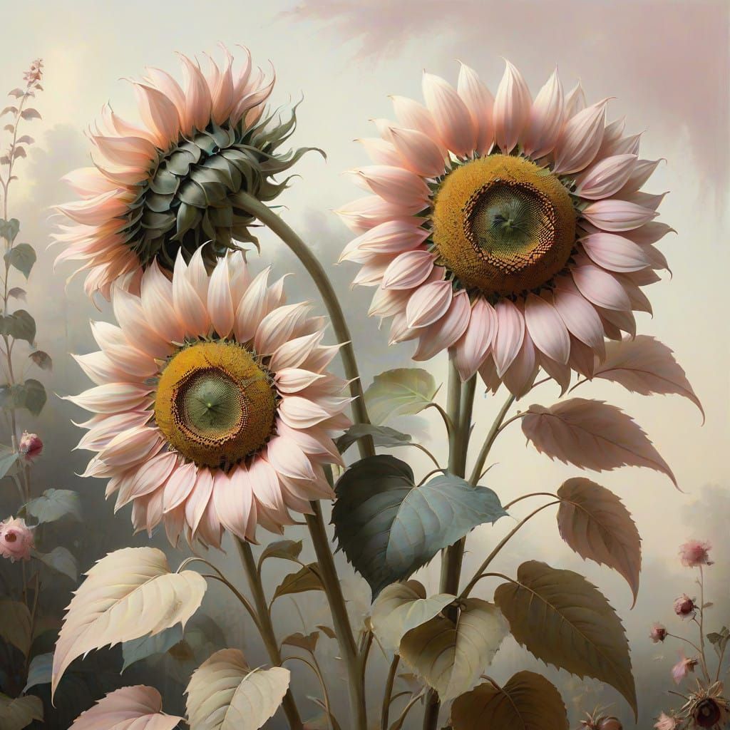 Tall Sunflowers in a Soft English Garden