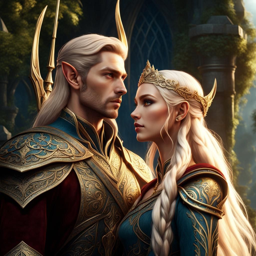 Romantic Elven Couple in Detailed Fantasy Art