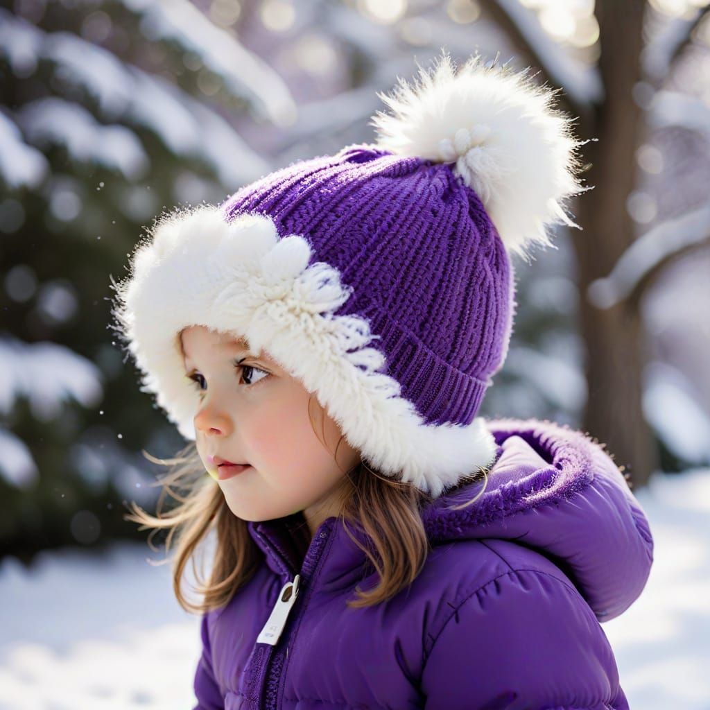 Cute Child in Purple Winter Gear with Pom Pom Hat