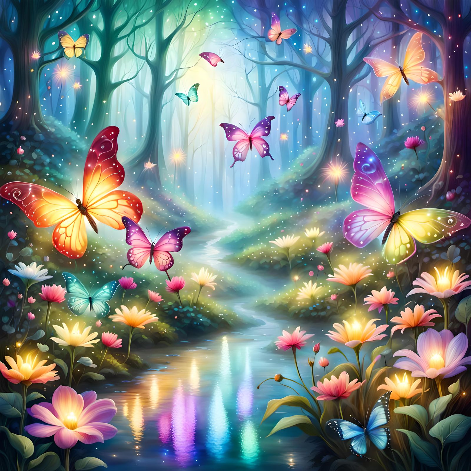 Enchanted Forest with Fairy Lights, Airbrush Art