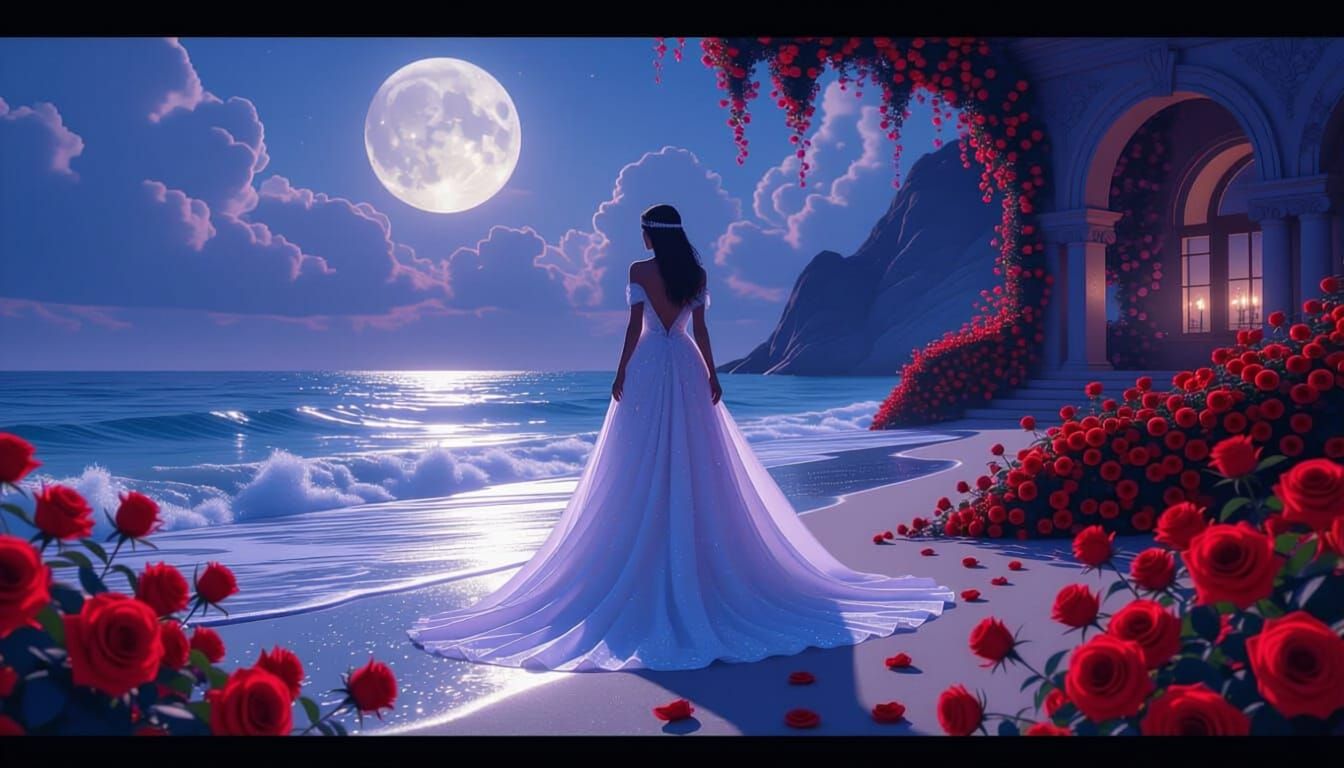 Woman on Moonlit Beach Surrounded by Purple Roses